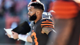 Oct 13, 2019; Cleveland, OH, USA; Cleveland Browns wide receiver Odell Beckham (13) watches from the bench during the fourth quarter against the Seattle Seahawks at FirstEnergy Stadium. Mandatory Credit: Ken Blaze-USA TODAY Sports