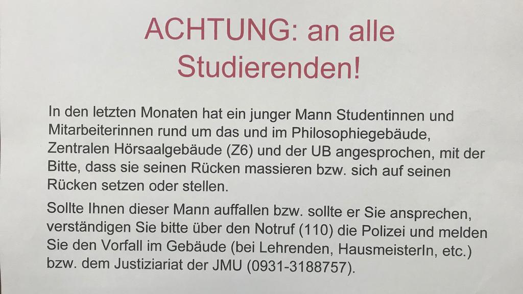 An der Uni in Würzburg macht dieser Aushang auf den fremden Massage-Fan aufmerksam.