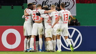Soccer Football - DFB Cup - Second Round - VfL Wolfsburg v RB Leipzig - Volkswagen Arena, Wolfsburg, Germany - October 30, 2019  RB Leipzig's Marcel Sabitzer celebrates scoring their second goal with teammates   REUTERS/Fabian Bimmer  DFB regulations prohibit any use of photographs as image sequences and/or quasi-video