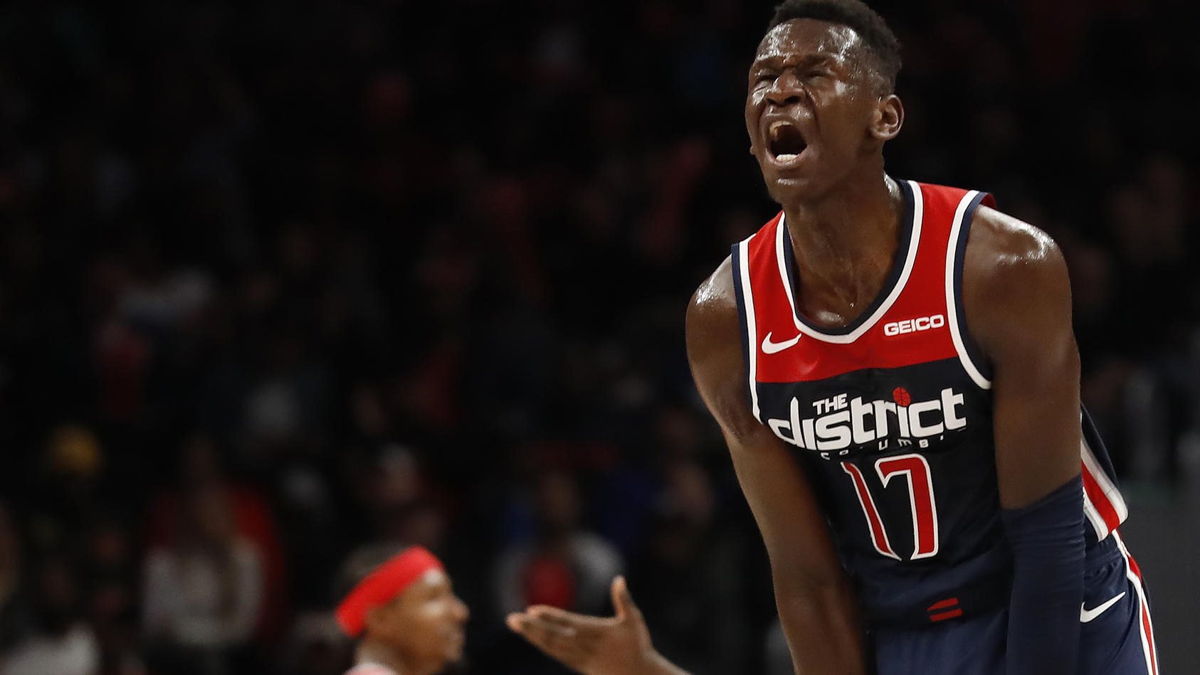 Oct 30, 2019; Washington, DC, USA; Washington Wizards guard Isaac Bonga (17) reacts after being called for a foul on Houston Rockets guard James Harden (13) in the fourth quarter at Capital One Arena. Mandatory Credit: Geoff Burke-USA TODAY Sports
