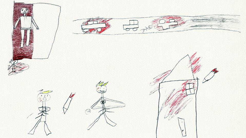 Weil er vergessen wollte: Zu Beginn seiner Zeichen-Therapie malte Azzam (10) immer wieder seinen toten Bruder, ausgebombte Häuser und Autos in Flammen. mit Trauma-Zeichnungen
