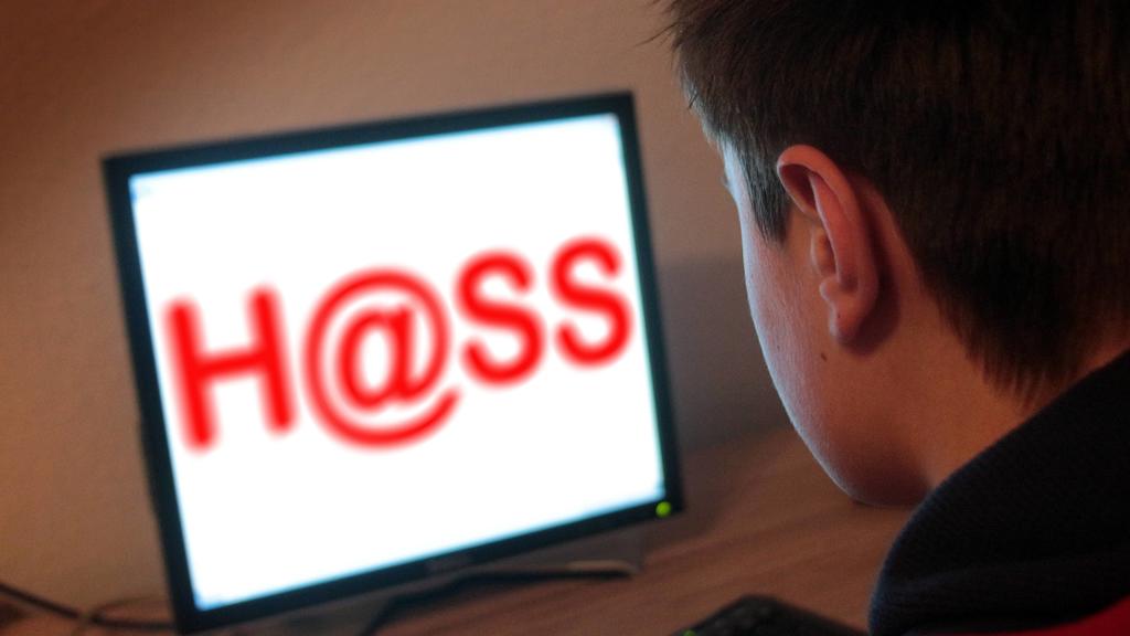 Symbolbild Mobbing unter Jugendlichen: Heranwachsender sitzt am Bildschirm eines PC s mit Schriftzug HassSymbol image Bullying under Young people adolescent sits at Screen a PC S with emblem Hatred