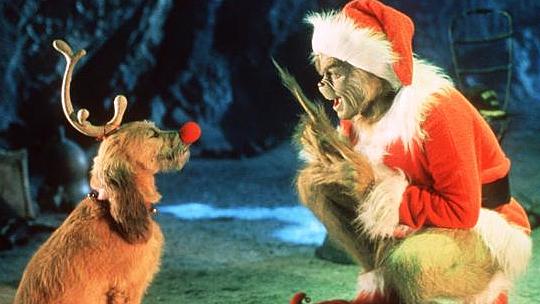 Der hinterlistige Grinch (Jim Carrey) spricht in dem neuen Kinofilm "Der Grinch" zu seinem treuen Hund Max (Szenenfoto). Der pelzig-grüne Einsiedler hat den bitterbösen Plan, den fröhlichen Einwohnern des am Fuße seines Berges Mount Crumpit gelegenen