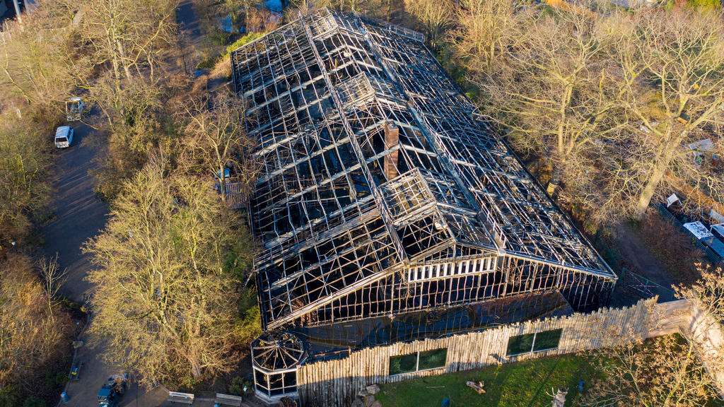 dpatopbilder - 01.01.2020, Nordrhein-Westfalen, Krefeld: Das abgebrannte Affenhaus ist nach dem Brand in der Silvesternacht im Krefelder Zoo zu sehen. (Aufnahme mit einer Drohne). Nach dem Brand des Affenhauses im Krefelder Zoo mit vielen toten Tiere