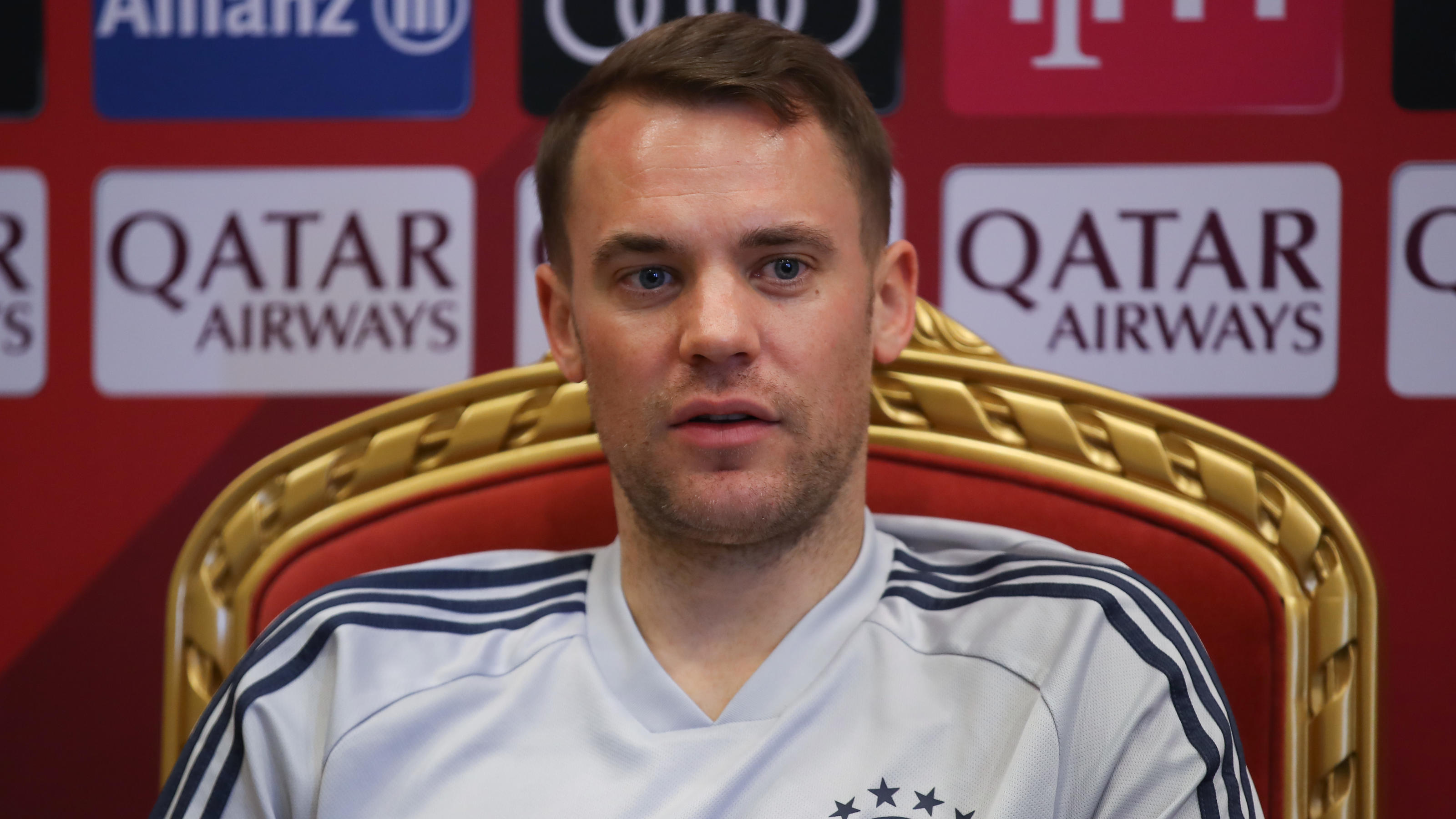 DOHA, QATAR - JANUARY 06: Manuel Neuer talks to journalists during a press conference on day three of the FC Bayern Muenchen winter training camp at Al Aziziyah Boutique Hotel on January 06, 2020 in Doha, Qatar. (Photo by Alex Grimm/Bongarts/Getty Im