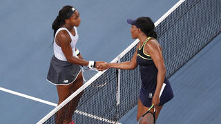 Tennis - Australian Open - First Round - Melbourne Park, Melbourne, Australia - January 20, 2020 Cori Gauff of the U.S. shakes hands with Venus Williams of the U.S.  after winning the match REUTERS/Issei Kato