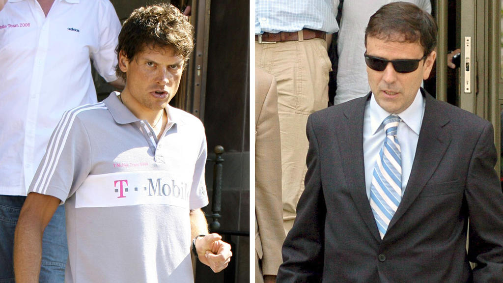ARCHIV - Die Bildkombo zeigt den ehemaligen T-Mobile-Radprofi Jan Ulrich in Blaesheim (l, Archivfoto vom 30.06.2006) und den spanischen Arzt Eufemiano Fuentes in Madrid (r, Archivfoto vom 20.07.2006). Ullrich gerät im spanischen Doping-Skandal immer