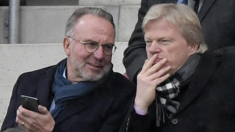 01.02.2020, Fussball 1. Bundesliga 2019/2020, 20. Spieltag, 1.FSV Mainz 05 - FC Bayern München, in der Opel-Arena Mainz. v..li: Vorstandsvorsitzender Karl-Heinz Rummenigge FC Bayern München und Vorstandsmitglied Oliver Kahn Bayern München auf der Tri
