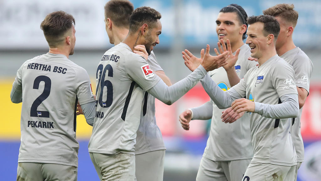 PADERBORN, GERMANY - FEBRUARY 15: Matheus Cunha of Hertha BSC celebrates with teammates after scoring his team's second goal during the Bundesliga match between SC Paderborn 07 and Hertha BSC at Benteler Arena on February 15, 2020 in Paderborn, Germa