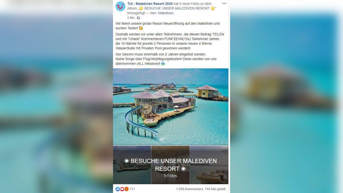 Die Facebook-Seite "TUI – Malediven Resort 2020" verspricht 15 Nutzern eine gratis Reise.