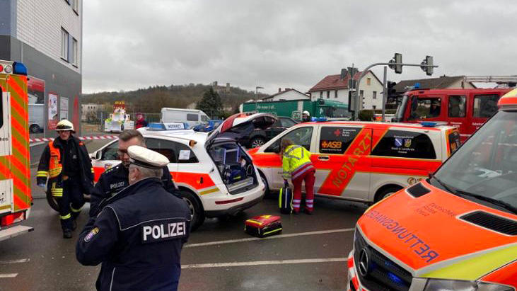 Emergency vehicles at the scene after a car ploughed into a carnival parade injuring several people in Volkmarsen, Germany February 24, 2020. Elmar Schulten/Waldeckische Landeszeitung via REUTERS. NO RESALES. NO ARCHIVES