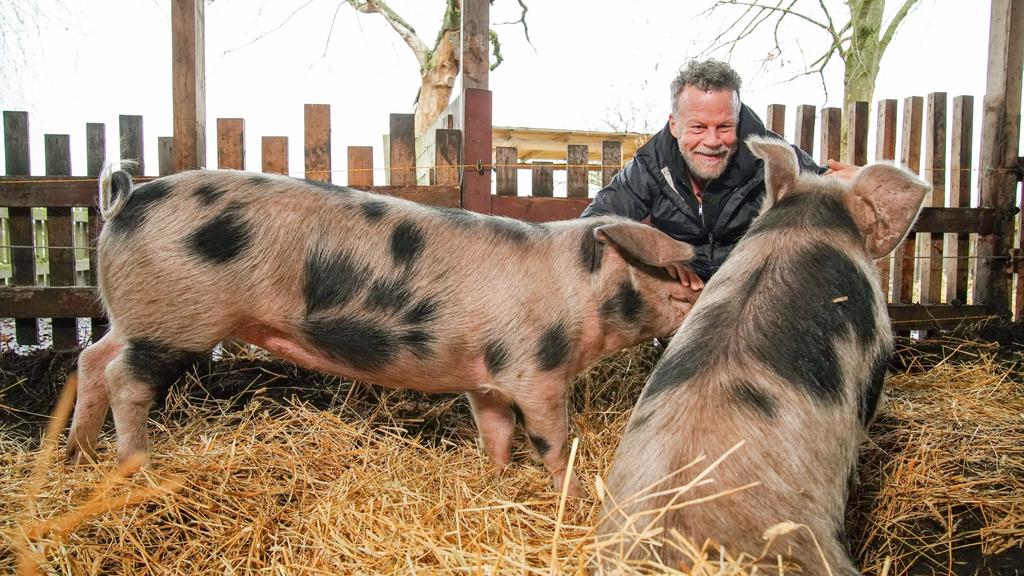 Jenke von Wilmsdorff mit den Schweinen Elsa und Schmali.
