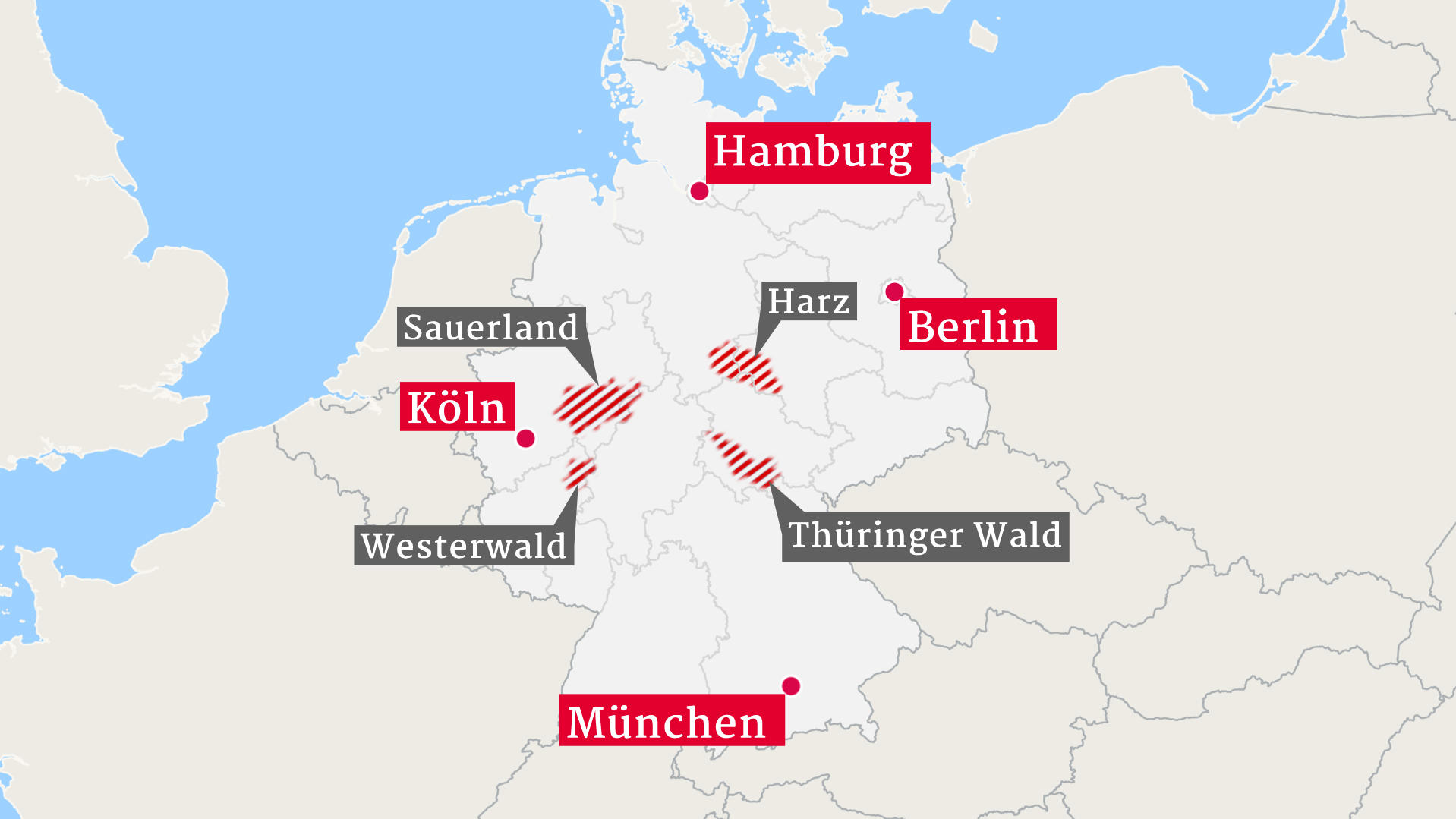 Die größten Schäden im deutschen Wald gab es im Sauerland (Nordrhein-Westfalen), dem Harz (Niedersachsen), dem Thüringer Wald (Thüringen) und im Westerwald (Hessen und Rheinland-Pfalz)
