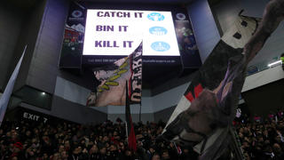 Soccer Football - Europa League - Round of 16 First Leg - Rangers v Bayer Leverkusen - Ibrox, Glasgow, Scotland, Britain - March 12, 2020  General view of the big screen with a public information display inside the stadium before the match as the number of cases of coronavirus grows worldwide  Action Images via Reuters/Lee Smith