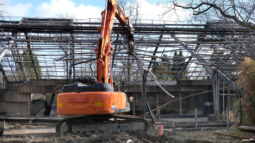 Beginn der Abrissarbeiten des Affenhauses im Zoo Krefeld mit 2 Baggern und einem Kran in verschiedenen Szenen. Brand im Affenhaus Krefeld in der Silvesternacht 2019/2020.