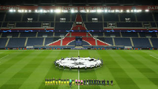 ***BESTPIX*** PARIS, FRANCE - MARCH 11: (FREE FOR EDITORIAL USE) In this handout image provided by UEFA, General view inside the empty stadium as the two teams line up prior to the UEFA Champions League round of 16 second leg match between Paris Saint-Germain and Borussia Dortmund at Parc des Princes on March 11, 2020 in Paris, France. The match is played behind closed doors as a precaution against the spread of COVID-19 (Coronavirus).  (Photo by UEFA - Handout/UEFA via Getty Images)
