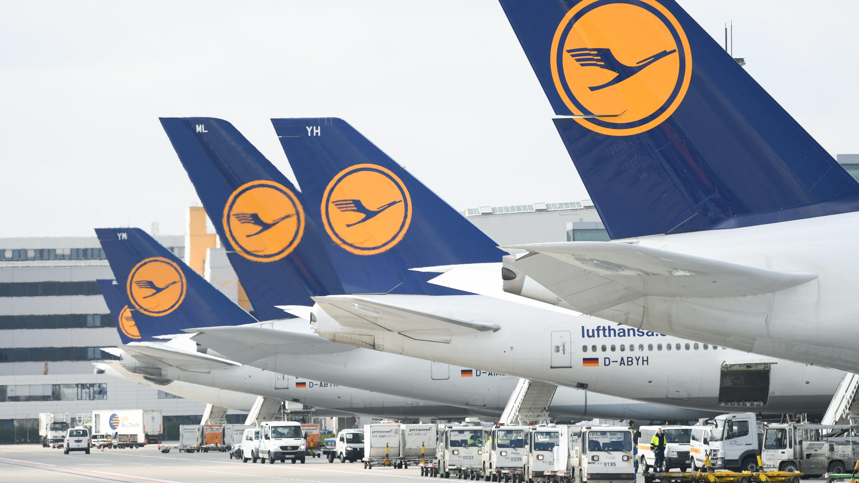ARCHIV - 14.03.2018, Hessen, Frankfurt/Main: Lufthansa-Maschinen mit dem Kranich-Logo stehen am Frankfurter Flughafen. (Zu dpa «Lufthansa berichtet über Bilanz 2019 und Überlebenskampf 2020» Foto: Arne Dedert/dpa +++ dpa-Bildfunk +++