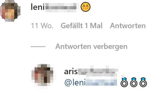 Dieses Foto von Aris kommentiert Leni mit einem Kussmund-Emoji. Aris antwortet mit Verlobunsringen.