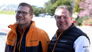 BARCELONA, SPAIN - FEBRUARY 26: McLaren Team Principal Andreas Seidl and McLaren Chief Executive Officer Zak Brown look on in the Pitlane during Day One of F1 Winter Testing at Circuit de Barcelona-Catalunya on February 26, 2020 in Barcelona, Spain. (Photo by Charles Coates/Getty Images)