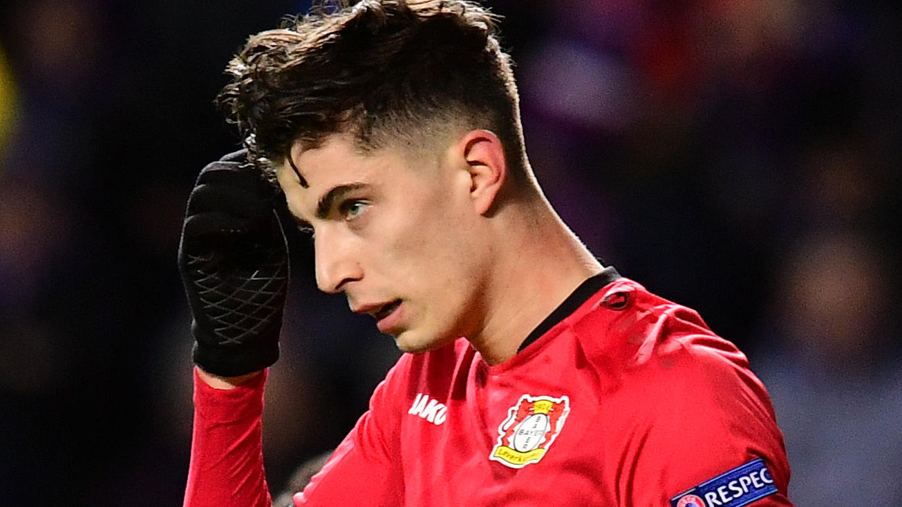GLASGOW, SCOTLAND - MARCH 12: Kai Havertz of Bayer 04 Leverkusen celebrates after scoring his team's first goal during the UEFA Europa League round of 16 first leg match between Rangers FC and Bayer 04 Leverkusen at Ibrox Stadium on March 12, 2020 in