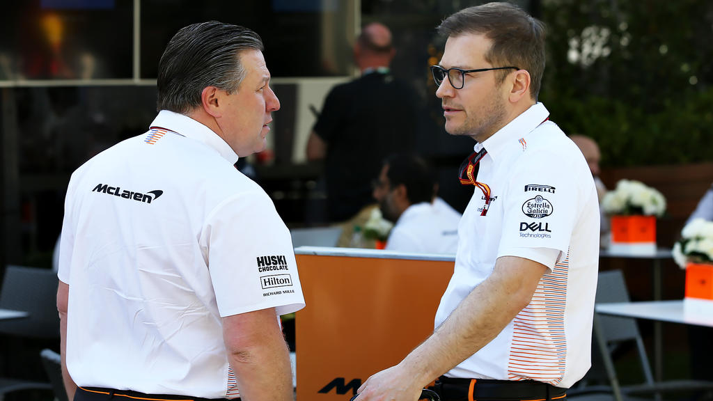 MELBOURNE, AUSTRALIA - MARCH 12: McLaren Chief Executive Officer Zak Brown and McLaren Team Principal Andreas Seidl talk in the paddock during previews ahead of the F1 Grand Prix of Australia at Melbourne Grand Prix Circuit on March 12, 2020 in Melbo