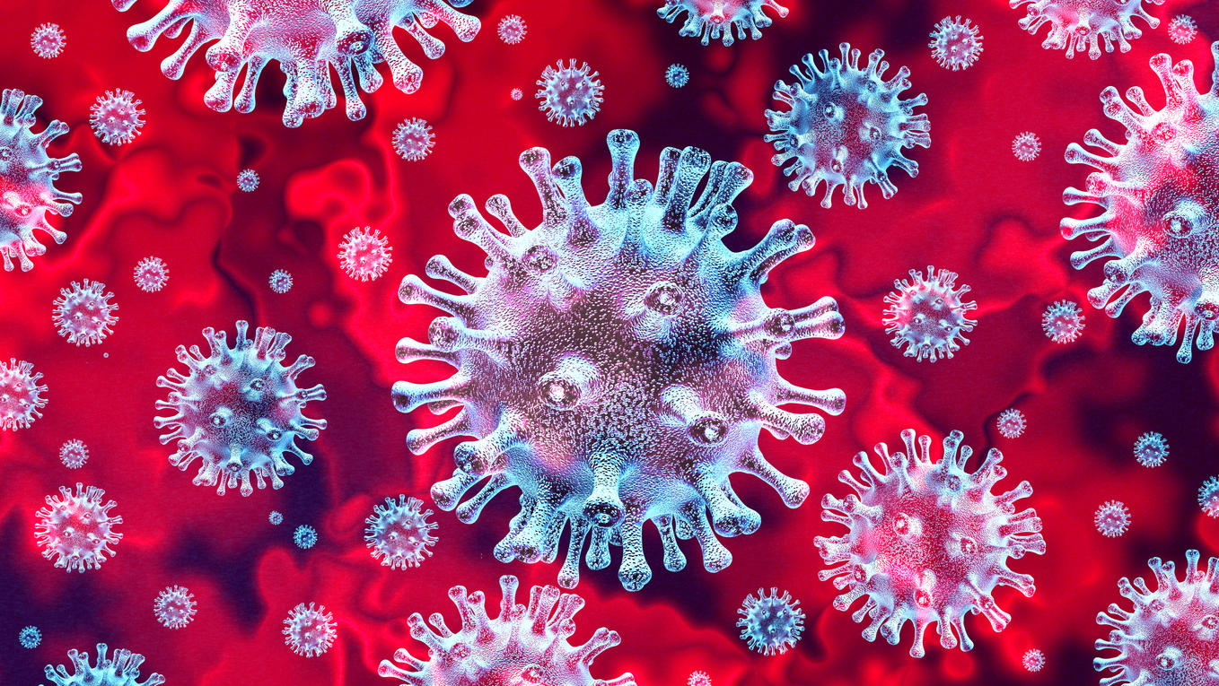 Coronavirus-Ausbruch und Coronaviren-Grippe-Hintergrund als gefährliche Grippestamm-Fälle als pandemisches medizinisches Gesundheitsrisikokonzept mit Krankheitszellen