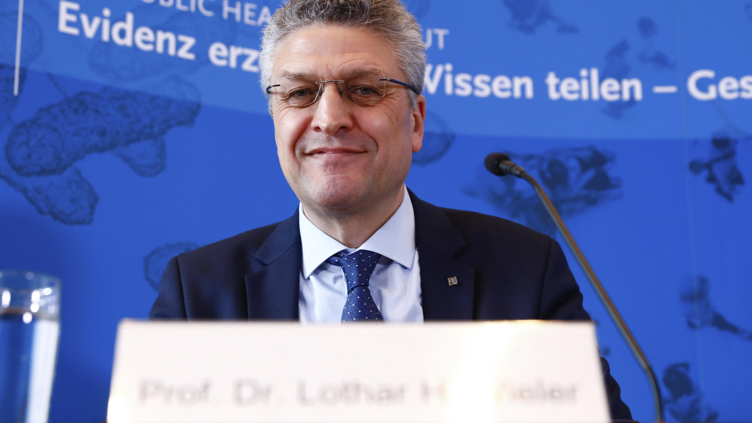 Lothar H. Wieler, President of the Robert Koch Institute (RKI), briefs the media during a news conference of the Robert Koch Institute about the status of the spread of the coronavirus in Berlin, Germany, April 3, 2020. (Michele Tantussi/Pool via AP)