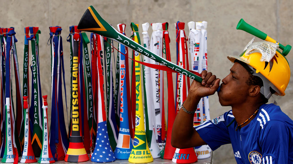 FILE PHOTO: ON THIS DAY -- March 26  March 26, 2010     SOCCER - South African street vendor, Mpho Qhalane, blows a Vuvuzela outside the FNB Stadium during a game between Johannesburg Soccer Legend and City of Johannesburg municipal workers ahead of 