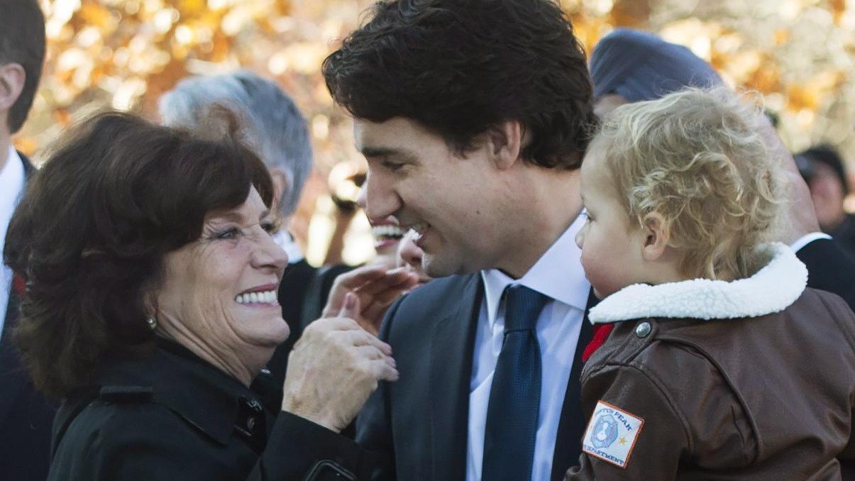 Justin Trudeau. Prime Minister-designate Justin Trudeau holds his son Hadrien while hugging his mother Margaret outside Rideau Hall in Ottawa on Tuesday, November 4, 2015. THE CANADIAN PRESS/Sean Kilpatrick URN:24662976