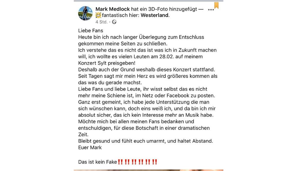 Facebook-Post von Mark Medlock