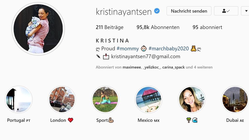 Kristina Yantsens Instagramprofilfoto zeigt sie mit ihrem Baby im Arm.