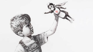A picture shows a drawing created by the street artist Banksy called "Game Changer" as an appreciation for the NHS and is on display at Southampton General Hospital, in Southampton, Britain May 6, 2020 in this picture obtained from social media. It shows a boy dressed in dungarees playing with a nurse superhero toy with figures of Batman and Spiderman discarded in a basket on the floor. @BANKSY INSTRAGRAM/via REUTERS THIS IMAGE HAS BEEN SUPPLIED BY A THIRD PARTY. MANDATORY CREDIT. NO RESALES. NO ARCHIVES.