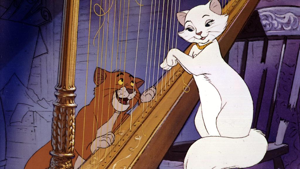 Szene aus dem Walt-Disney-Zeichentrickfilm "The Aristocats" von 1970: Mit verliebten Blick lauscht Straßenkater O'Malley dem Harfenspiel der vornehmen "Duchess". Der Film handelt von den Abenteuern einer Katzenfamilie im Paris der Jahrhundertwende, d