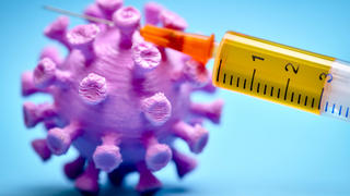  Coronavirus-Modell mit Impfspritze, Symbolfoto für Covid-19-Impfstoff *** Coronavirus model with vaccination syringe, symbol photo for Covid 19 vaccine
