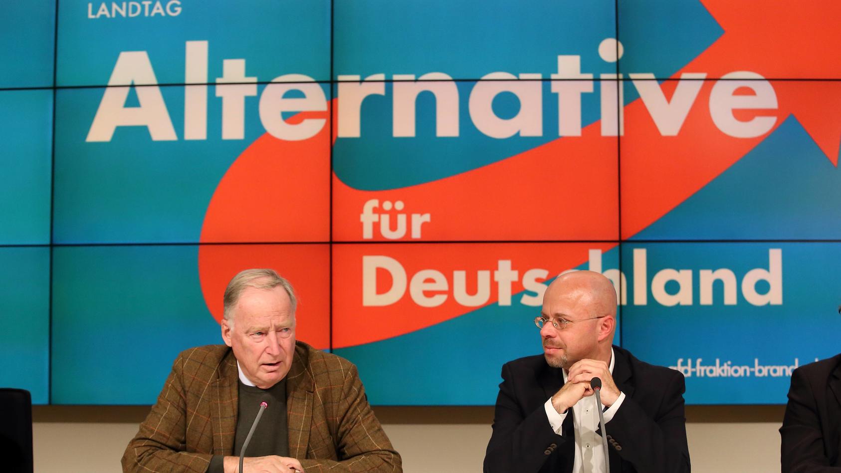 Alexander Gauland (AfD) und Andreas Kalbitz (AfD), v.l., während einer Pressekonferenz im Anschluss an die Fraktionssit