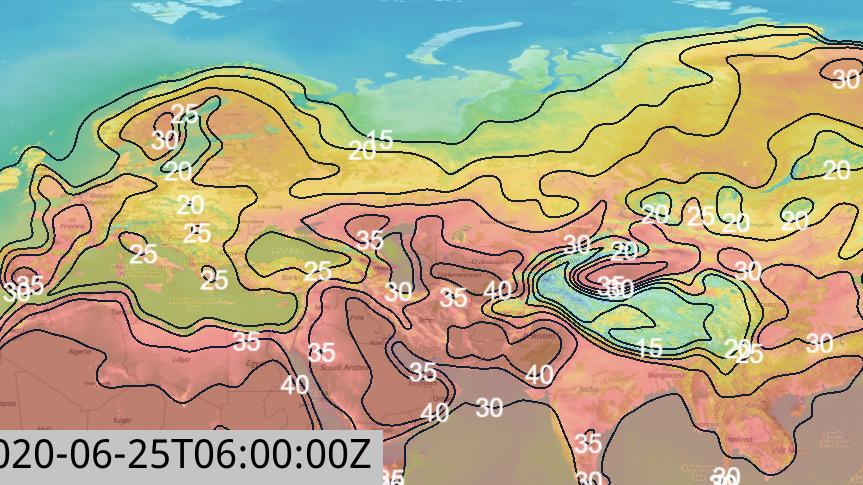 Die Temperaturverteilung für Freitag, 25.06. über Europa, Asien und Nordafrika (Skandinavien und Sibirien mit 30 Grad und mehr)