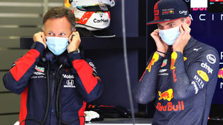 SPIELBERG, AUSTRIA - JULY 03: Max Verstappen of Netherlands and Red Bull Racing and Red Bull Racing Team Principal Christian Horner look on in the garage during practice for the F1 Grand Prix of Austria at Red Bull Ring on July 03, 2020 in Spielberg, Austria. (Photo by Getty Images/Getty Images)