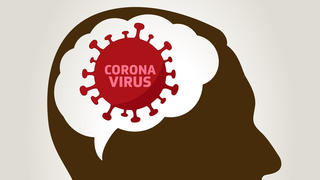 Kopf mit Gehirn sichtbar. Darauf steht Corona Virus.