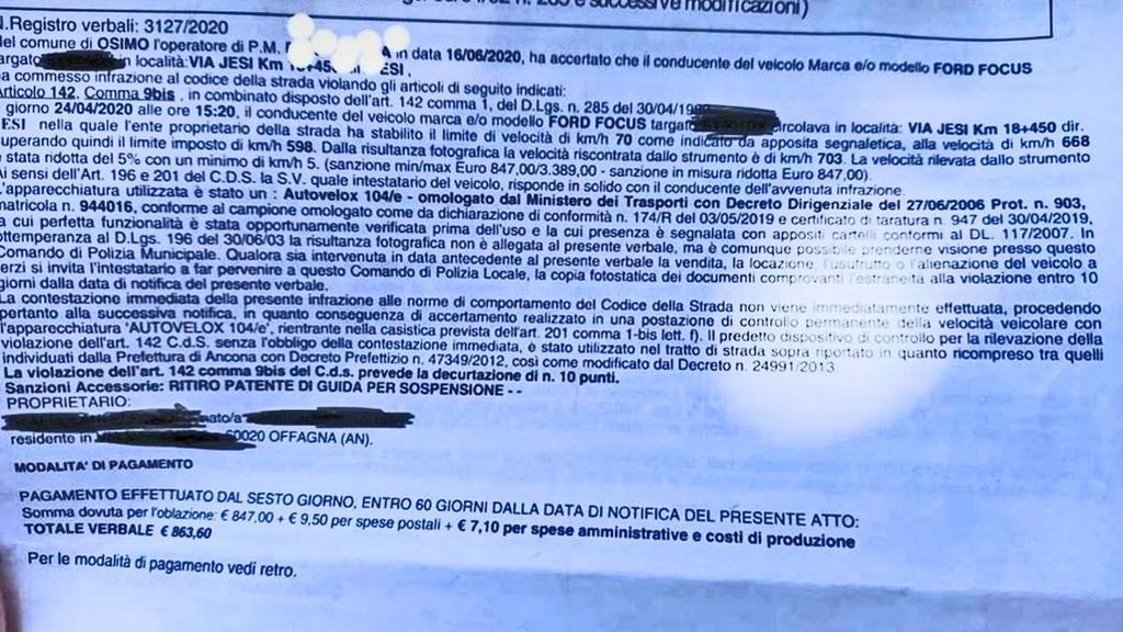 Bußgeldbescheid: Autofahrerin soll in Italien mit 703 km/h durch 70er-Zone gerast sein