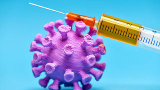  Coronavirus-Modell mit Impfspritze, Symbolfoto für Covid-19-Impfstoff *** Coronavirus model with vaccination syringe, symbol photo for Covid 19 vaccine