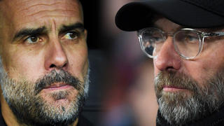 FILE PHOTO (EDITORS NOTE: COMPOSITE OF IMAGES - Image numbers 1208913670, 1076708990 - GRADIENT ADDED) In this composite image a comparison has been made between Josep Guardiola, manager of Manchester City FC (L) and Jurgen Klopp, Manager of Liverpool. Manchester City and Liverpool meet in a Premier League fixture at the Etihad Stadium on July 2,2020 in Manchester,England. ***LEFT IMAGE*** MADRID, SPAIN - FEBRUARY 26: Josep Guardiola, manager of Manchester City FC looks on during the UEFA Champions League round of 16 first leg match between Real Madrid and Manchester City at Bernabeu on February 26, 2020 in Madrid, Spain. (Photo by David Ramos/Getty Images) ***RIGHT IMAGE*** MANCHESTER, ENGLAND - JANUARY 03: Jurgen Klopp, Manager of Liverpool looks on prior to the Premier League match between Manchester City and Liverpool FC at the Etihad Stadium on January 3, 2019 in Manchester, United Kingdom. (Photo by Shaun Botterill/Getty Images)