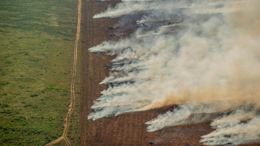 HANDOUT - 09.07.2020, Brasilien, Nova Maringa: Auf diesem Greenpeace Brasilien zur Verfügung gestellten Bild ist eine brennende Waldfläche in Nova Maringa zu sehen. Jedes Jahr überfliegt Greenpeace Brasilien das Amazonasgebiet, um die sich aufbauende
