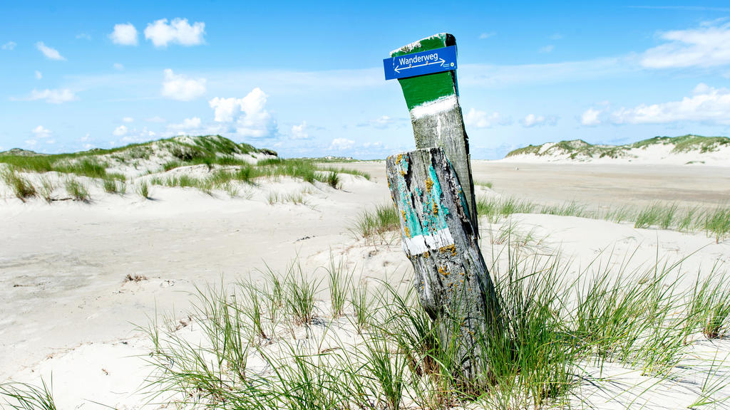 11.07.2020, Niedersachsen, Norderney: Ein Holzpfahl mit der Aufschrift ·Wanderweg· steht in der Dünenlandschaft am Ostende der Insel. Foto: Hauke-Christian Dittrich/dpa +++ dpa-Bildfunk +++