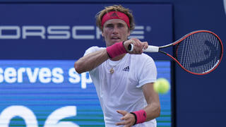 Alexander Zverev, of Germany, returns a shot form Andy Murray, of Great Britain, during the second round at the Western & Southern Open tennis tournament Monday, Aug. 24, 2020, in New York. (AP Photo/Frank Franklin II)