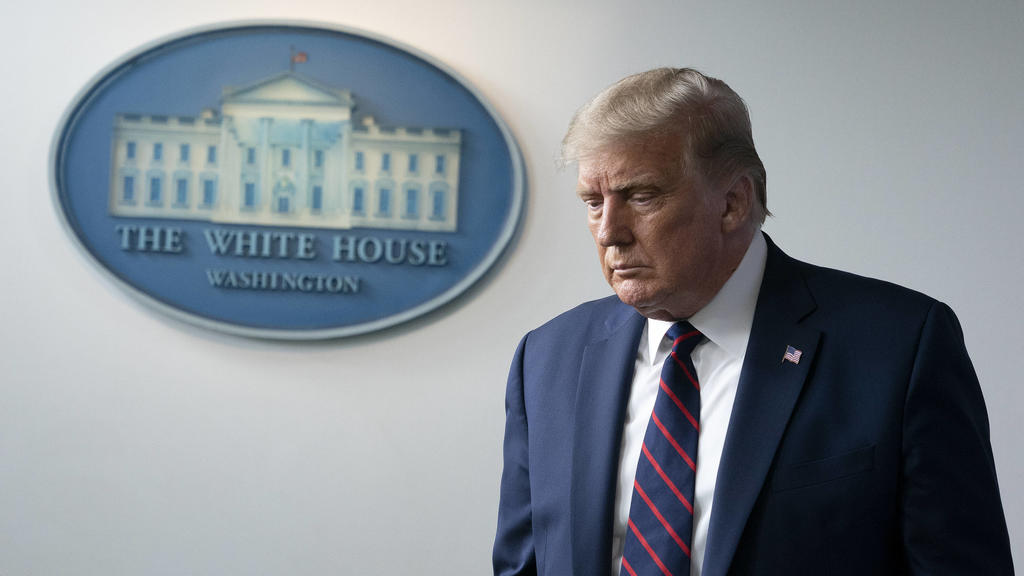  United States President Donald J. Trump arrives to a news conference in the James S. Brady Press Briefing Room at the White House in Washington D.C., U.S., on Sunday, August 23, 2020. Trump announced that a new treatment for COVID-19, which uses blo