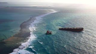 A Japanese bulk carrier MV Wakashio, that has struck a coral reef causing an oil spill, is seen in Mauritius, in this undated aerial picture obtained from social media on August 18, 2020. Mobilisation Nationale Wakashio/via REUTERS  THIS IMAGE HAS BEEN SUPPLIED BY A THIRD PARTY. MANDATORY CREDIT. NO RESALES. NO ARCHIVES.