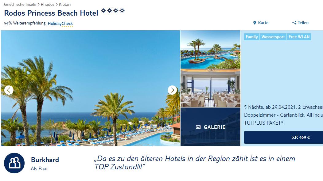 Das Angebot des "Rodos Princess Beach" auf der Webseite von TUI.