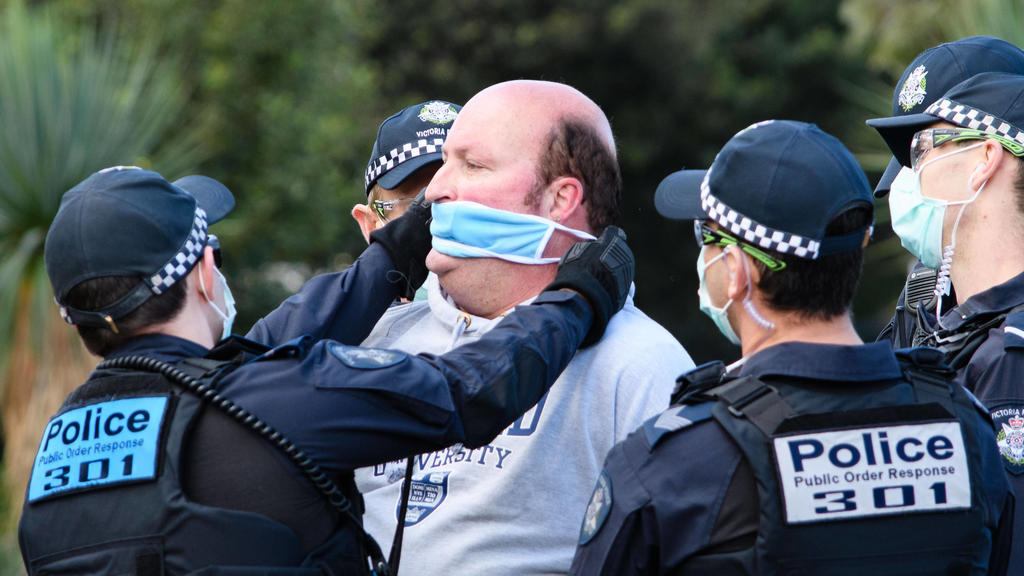 September 5, 2020, Melbourne, Victoria, Australia: A protester is arrested at a Freedom Day protest against lockdown regulations in Melbourne. Melburnians are only permitted to leave home for four reasons which does not include protesting. Melbourne