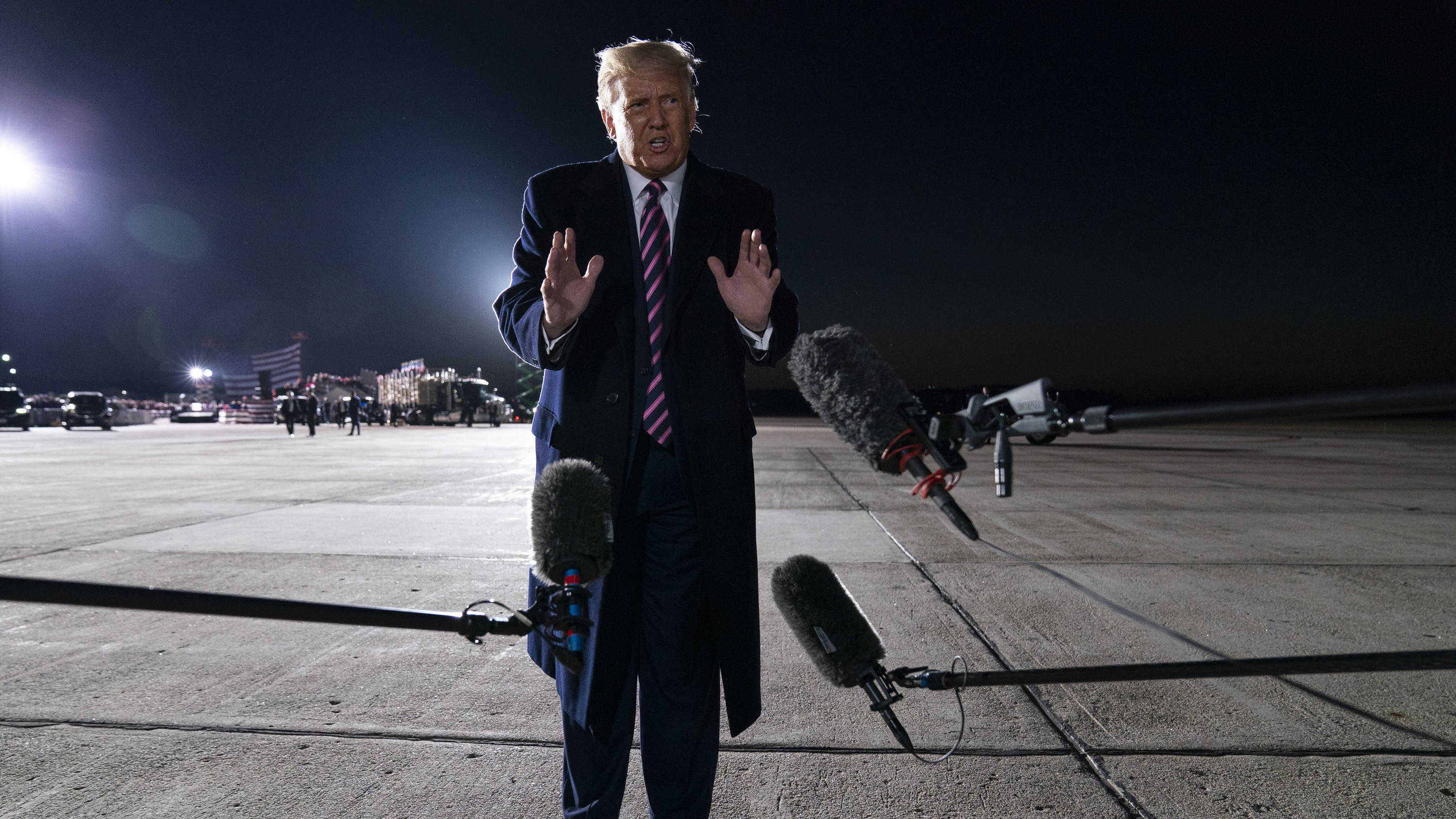 President Donald Trump talks to reporters about the death of Supreme Court Justice Ruth Bader Ginsburg, after a campaign rally, Friday, Sept. 18, 2020, in Bemidji, Minn. (AP Photo/Evan Vucci)