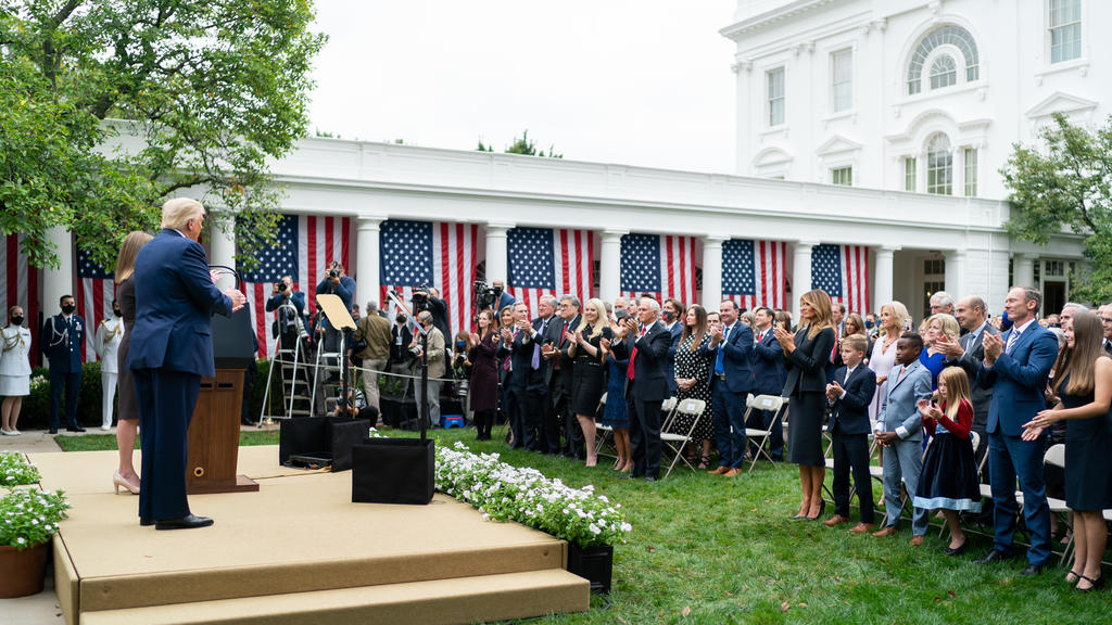 Sep 26, 2020 - Washington, District of Columbia, U.S. - US President DONALD J. TRUMP arrives with Judge AMY CONEY BARRETT, right, as his nominee to be an Associate Justice of the Supreme Court, during a ceremony in the Rose Garden of the White House.